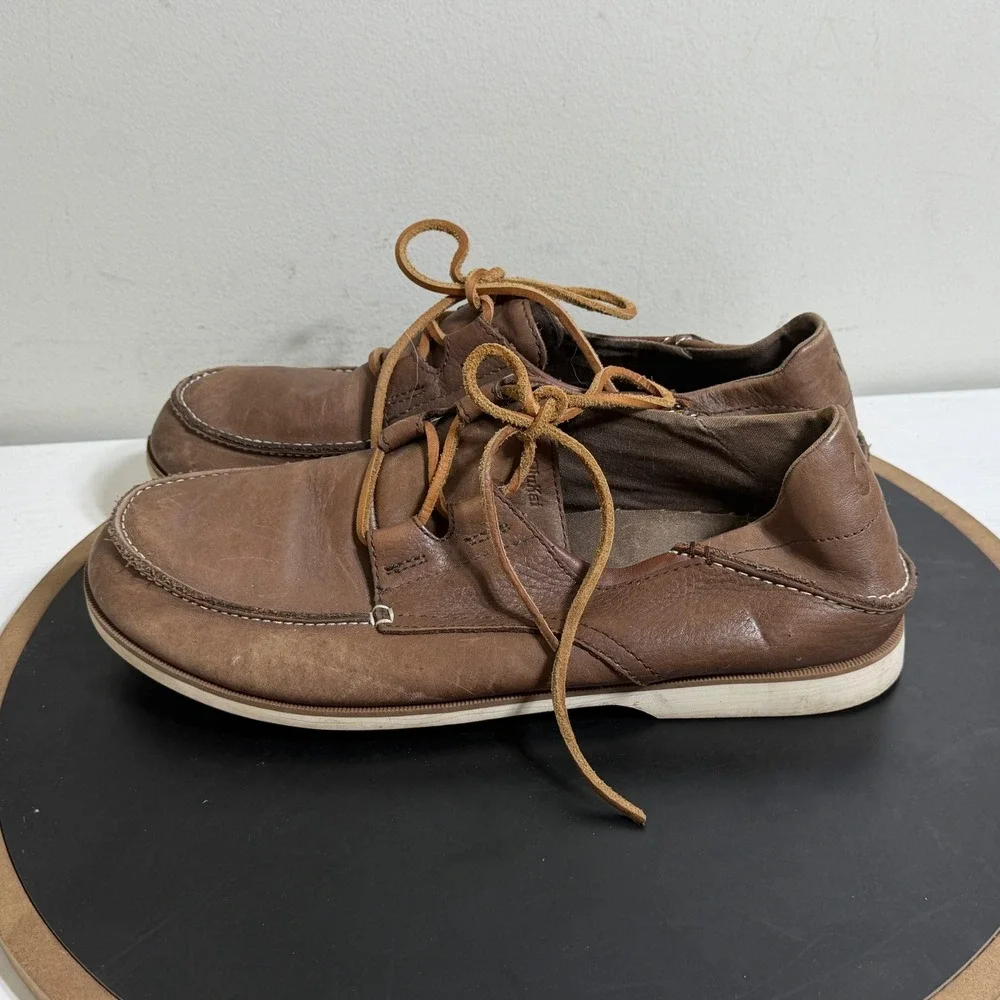 OluKai Mokua Leather Shoes Men 10 Casual‎ Boat Moc Toe Brown Comfort